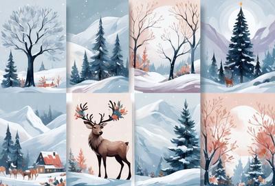 Primary subject: Deer
Setting/background: Snowy mountain
Visual style: Digital art
Colors and mood: Cold, snowy, and serene